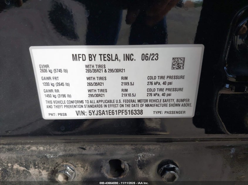 2023 Tesla Model S Plaid Tri Motor All-Wheel Drive VIN: 5YJSA1E61PF516338 Lot: 43664590