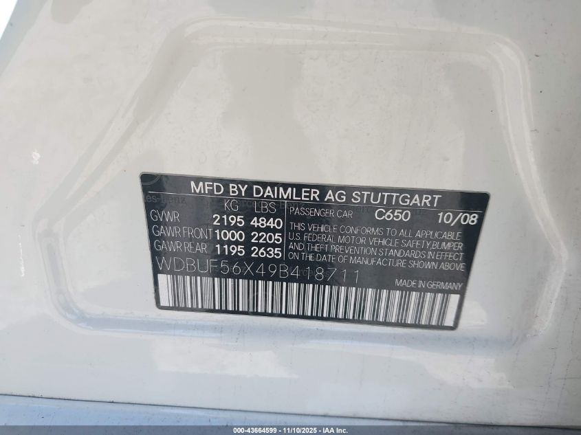 2009 Mercedes-Benz E 350 VIN: WDBUF56X49B418711 Lot: 43664599