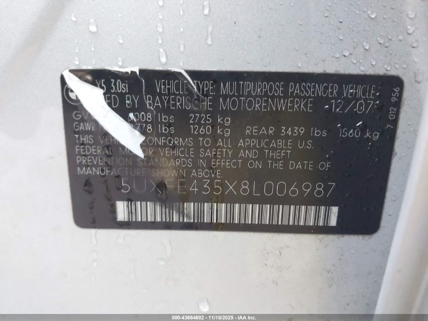 2008 BMW X5 3.0Si VIN: 5UXFE435X8L006987 Lot: 43664602