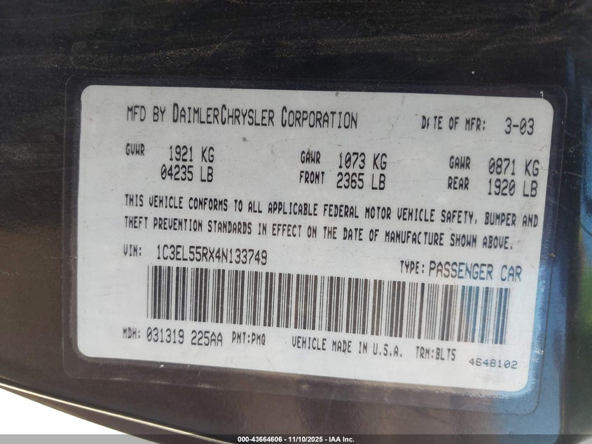 2004 Chrysler Sebring Lxi VIN: 1C3EL55RX4N133749 Lot: 43664606