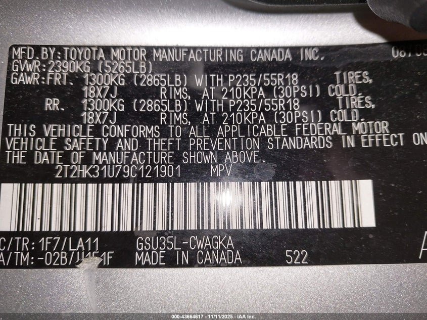 2009 Lexus Rx 350 VIN: 2T2HK31U79C121901 Lot: 43664617