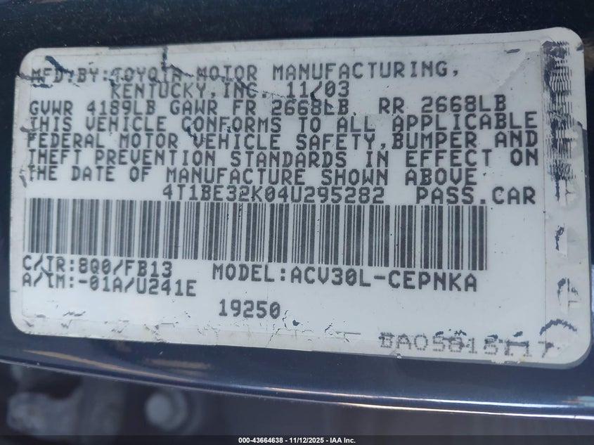 2004 Toyota Camry Le VIN: 4T1BE32K04U295282 Lot: 43664638