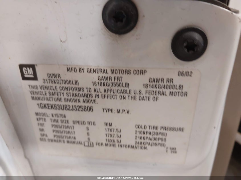 2002 GMC Yukon Denali VIN: 1GKEK63U82J325806 Lot: 43664641