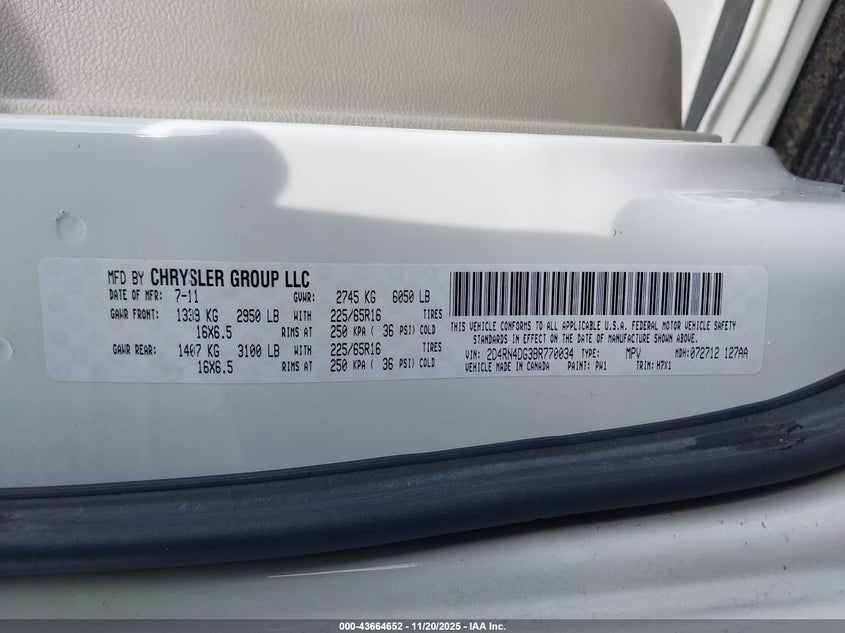 2011 Dodge Grand Caravan Express VIN: 2D4RN4DG3BR770034 Lot: 43664652