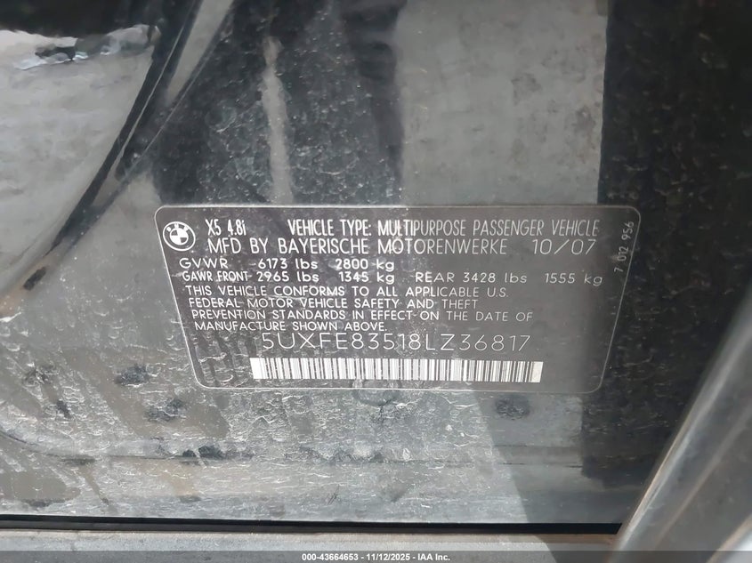 2008 BMW X5 4.8I VIN: 5UXFE83518LZ36817 Lot: 43664653