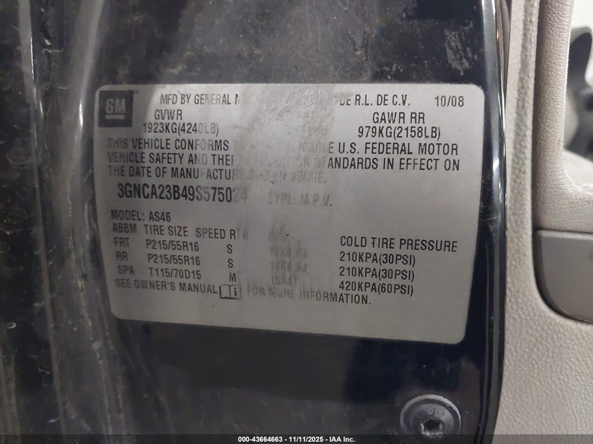 2009 Chevrolet Hhr Lt VIN: 3GNCA23B49S575024 Lot: 43664663