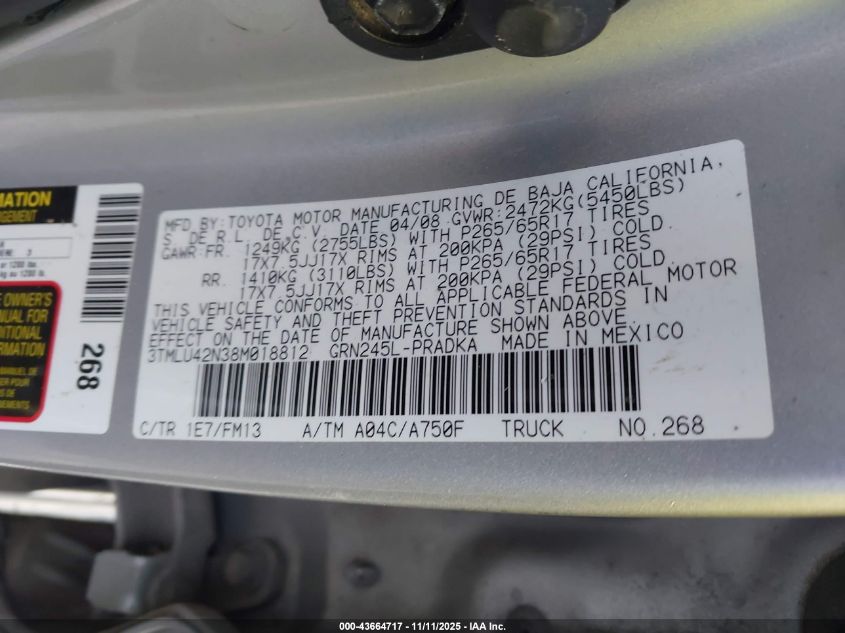 2008 Toyota Tacoma Base V6 VIN: 3TMLU42N38M018812 Lot: 43664717