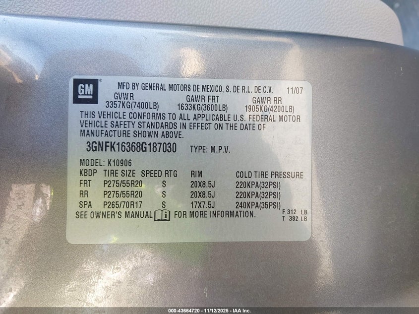 2008 Chevrolet Suburban 1500 Ltz VIN: 3GNFK16368G187030 Lot: 43664720