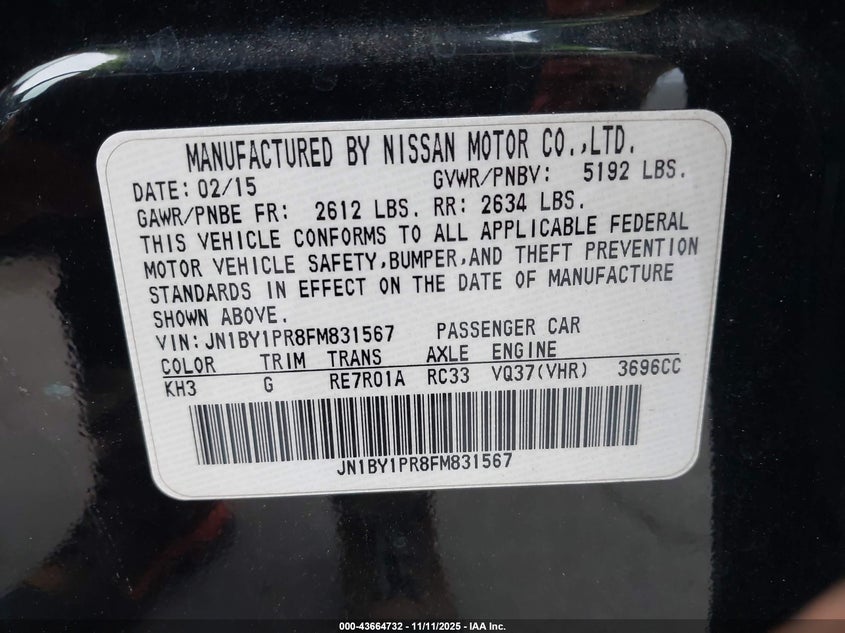 2015 Infiniti Q70L 3.7X VIN: JN1BY1PR8FM831567 Lot: 43664732