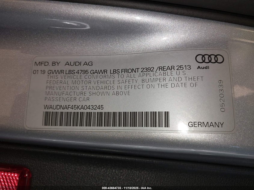 2019 AUDI A4 45 PREMIUM - WAUDNAF45KA043245