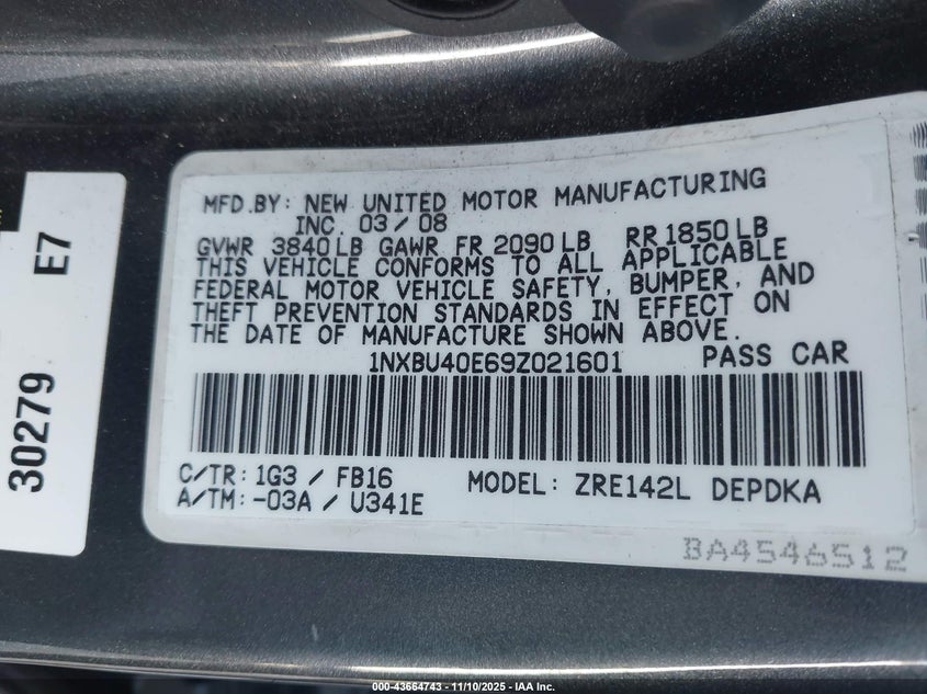 1NXBU40E69Z021601 2009 TOYOTA COROLLA photo no. 9