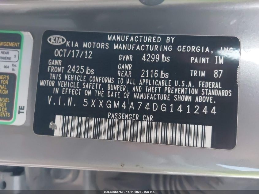 2013 Kia Optima Lx VIN: 5XXGM4A74DG141244 Lot: 43664759