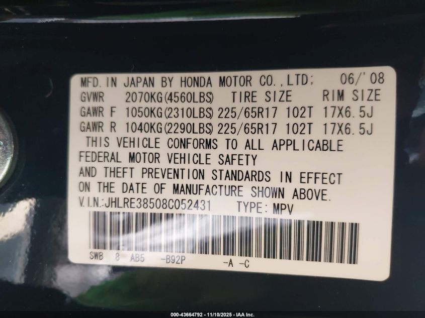 2008 Honda Cr-V Ex VIN: JHLRE38508C052431 Lot: 43664792