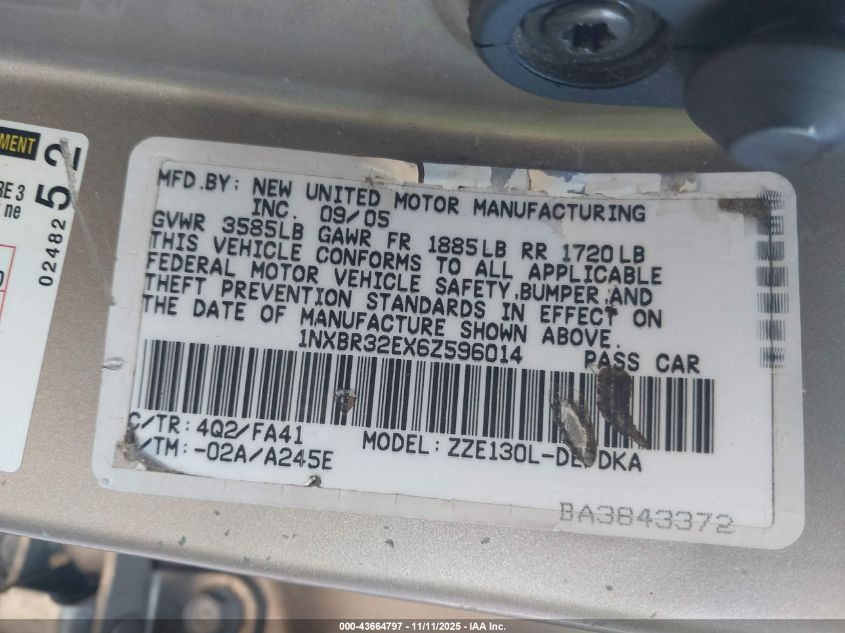 2006 Toyota Corolla Ce VIN: 1NXBR32EX6Z596014 Lot: 43664797