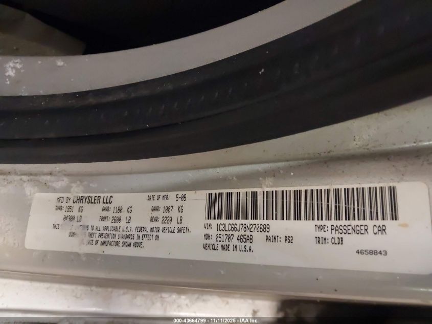 2008 Chrysler Sebring Limited VIN: 1C3LC66J78N270689 Lot: 43664799