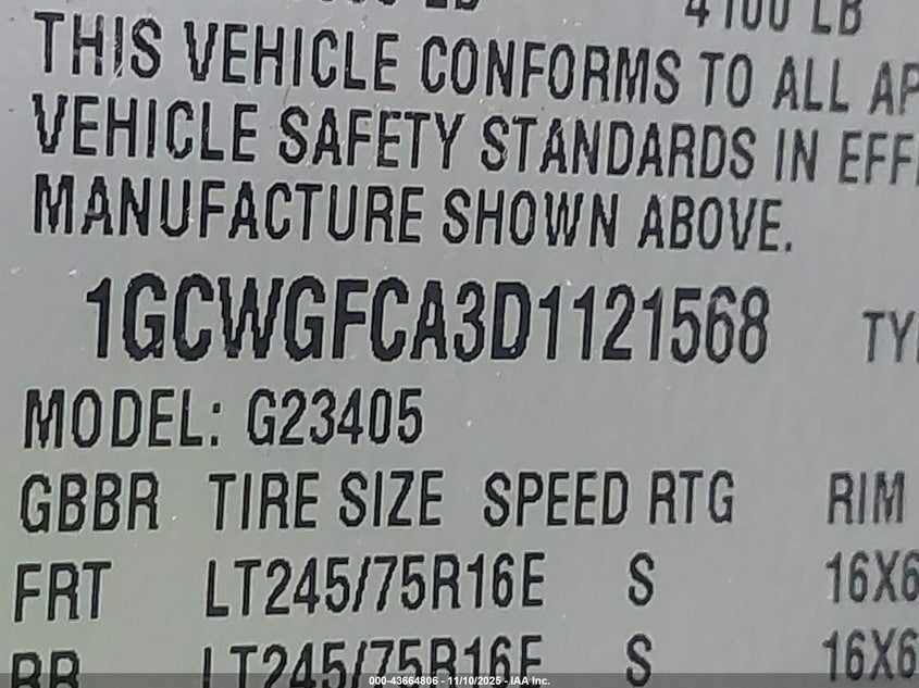 2013 Chevrolet Express 2500 Work Van VIN: 1GCWGFCA3D1121568 Lot: 43664806