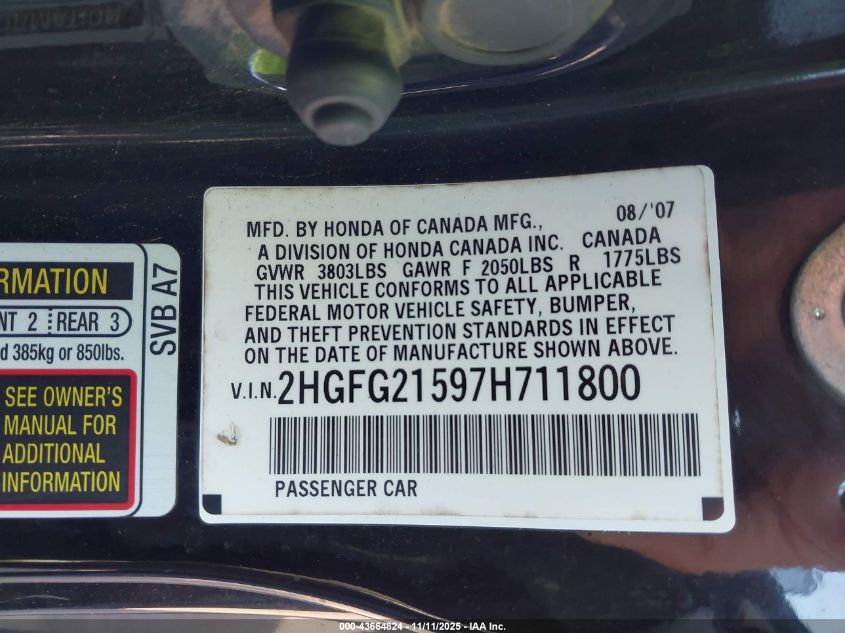 2007 Honda Civic Si VIN: 2HGFG21597H711800 Lot: 43664824