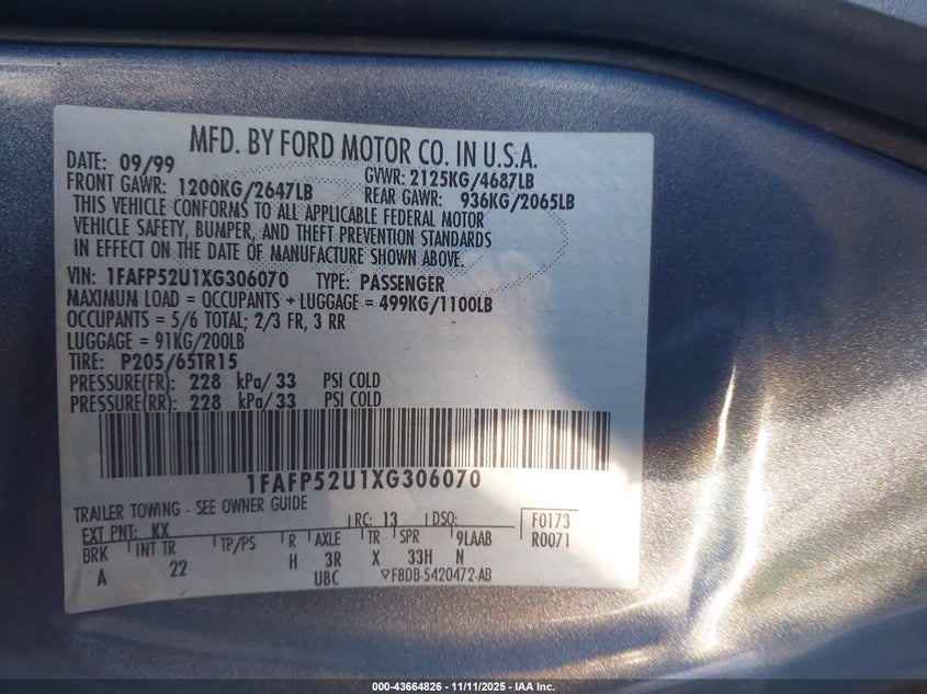 1999 Ford Taurus Lx VIN: 1FAFP52U1XG306070 Lot: 43664826