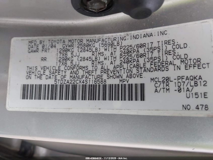 2004 Toyota Sienna Xle VIN: 5TDZA22CX4S116588 Lot: 43664838