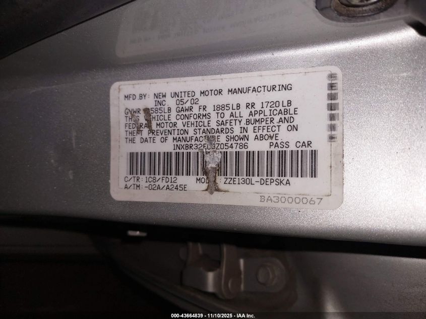 2003 Toyota Corolla S VIN: 1NXBR32E03Z054786 Lot: 43664839