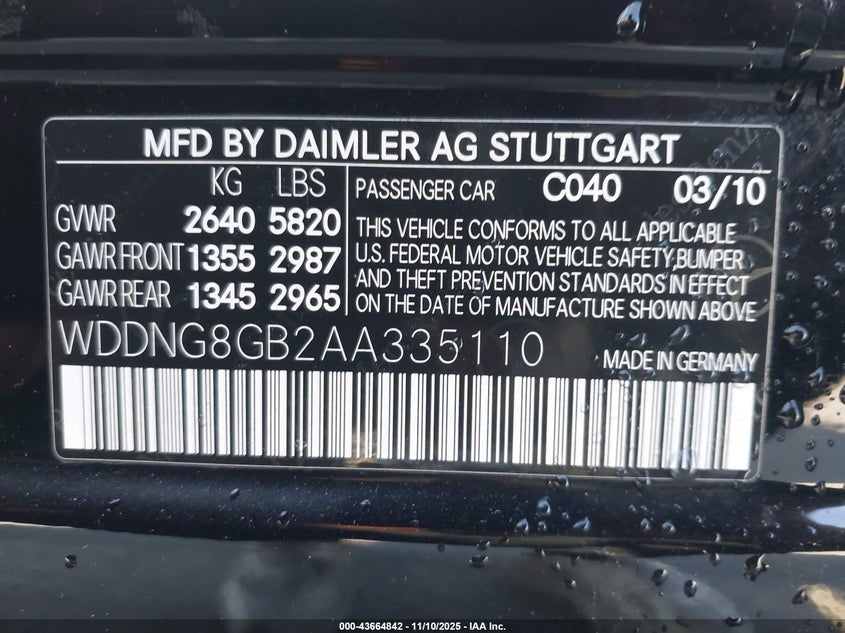 2010 Mercedes-Benz S 550 4Matic VIN: WDDNG8GB2AA335110 Lot: 43664842