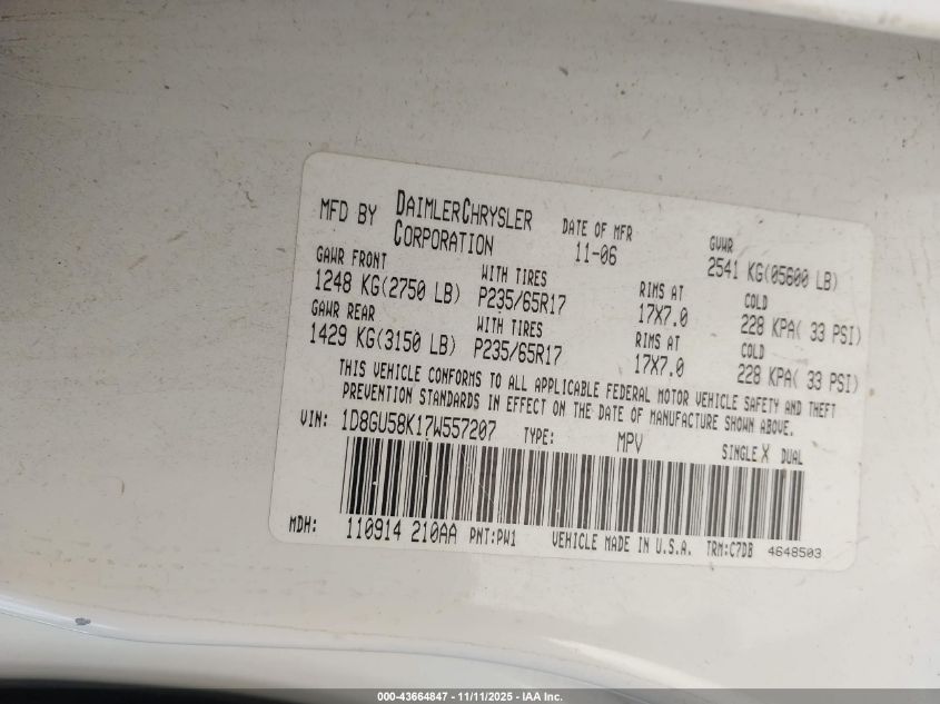 2007 Dodge Nitro Slt/Rt VIN: 1D8GU58K17W557207 Lot: 43664847