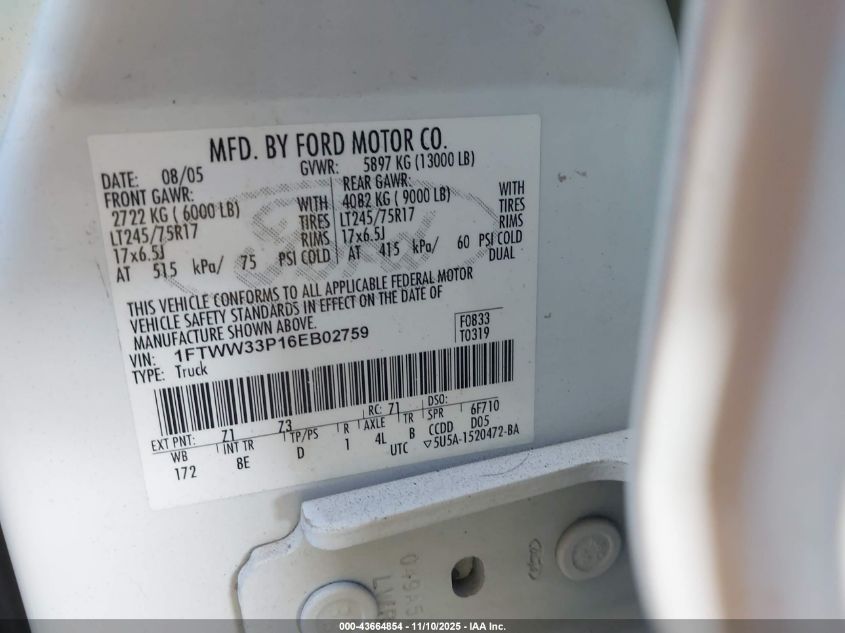 2006 Ford F-350 Lariat/Xl/Xlt VIN: 1FTWW33P16EB02759 Lot: 43664854