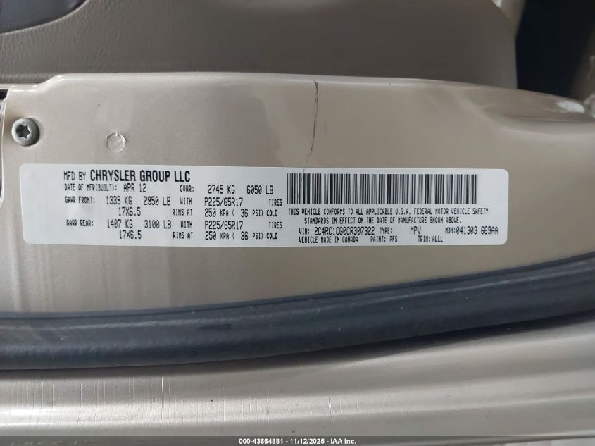 2012 Chrysler Town & Country Touring-L VIN: 2C4RC1CG0CR307322 Lot: 43664881