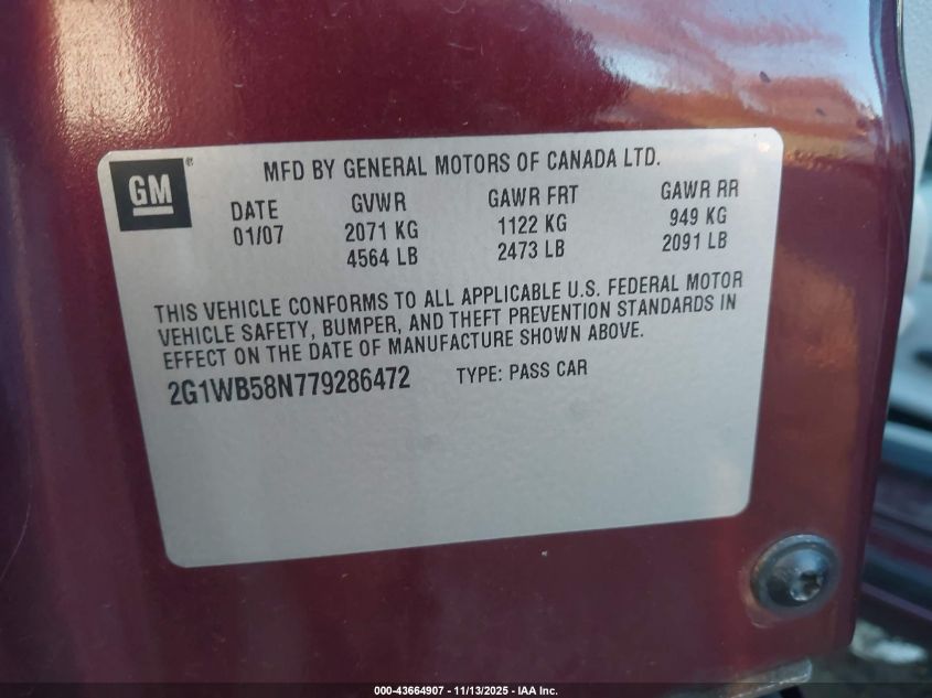 2007 Chevrolet Impala Ls VIN: 2G1WB58N779286472 Lot: 43664907