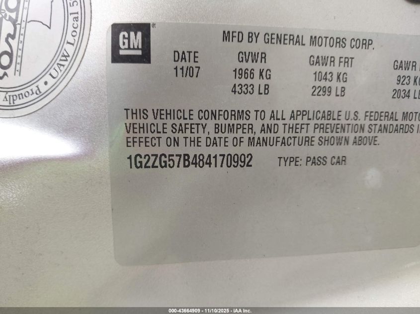 2008 Pontiac G6 VIN: 1G2ZG57B484170992 Lot: 43664909