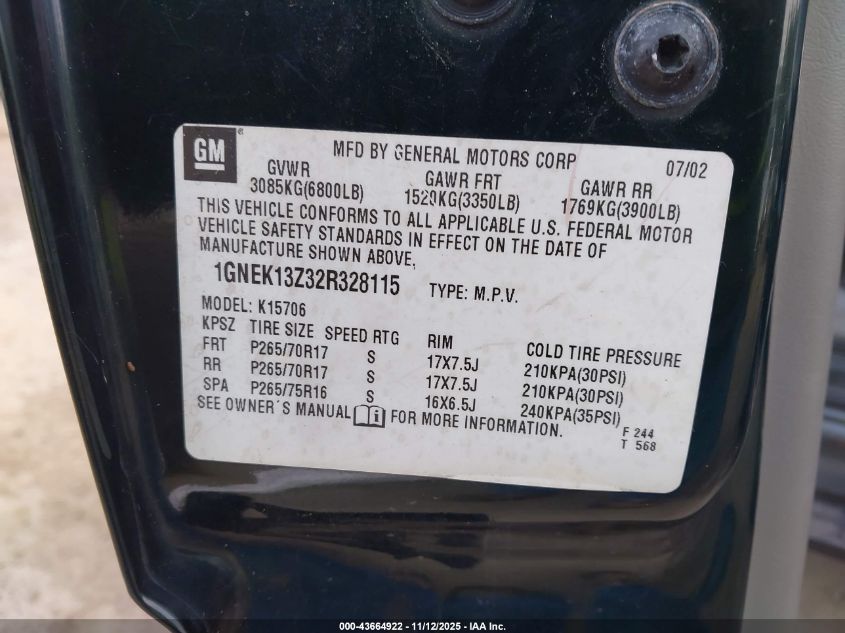 2002 Chevrolet Tahoe Z71 VIN: 1GNEK13Z32R328115 Lot: 43664922