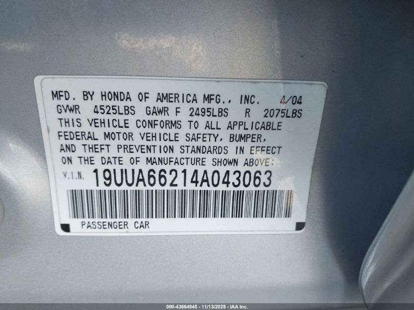 2004 Acura Tl VIN: 19UUA66214A043063 Lot: 43664945