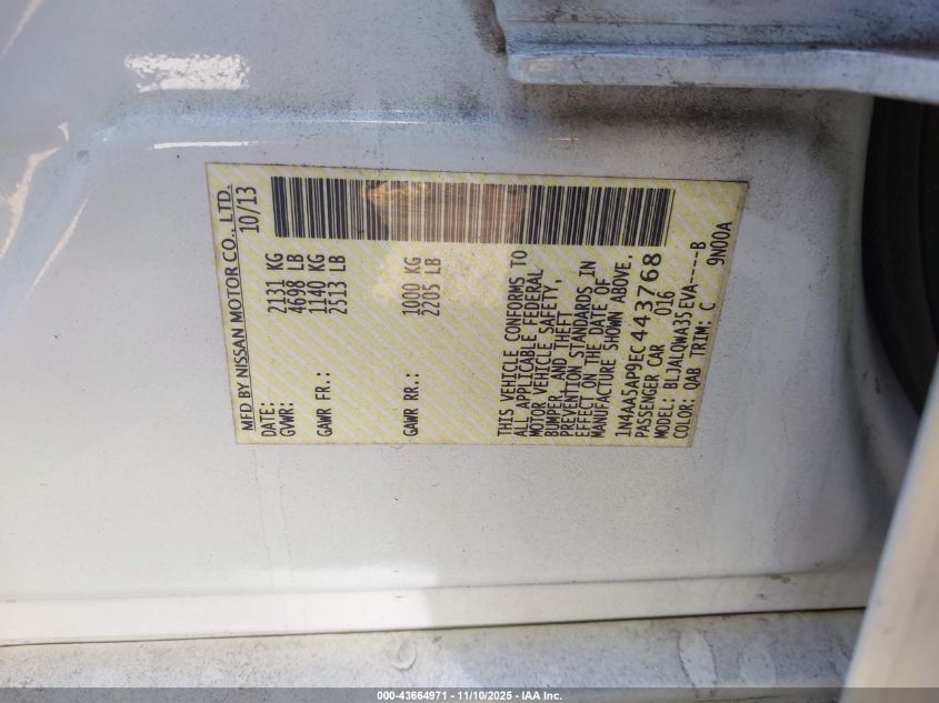 2014 Nissan Maxima 3.5 S VIN: 1N4AA5AP9EC443768 Lot: 43664971