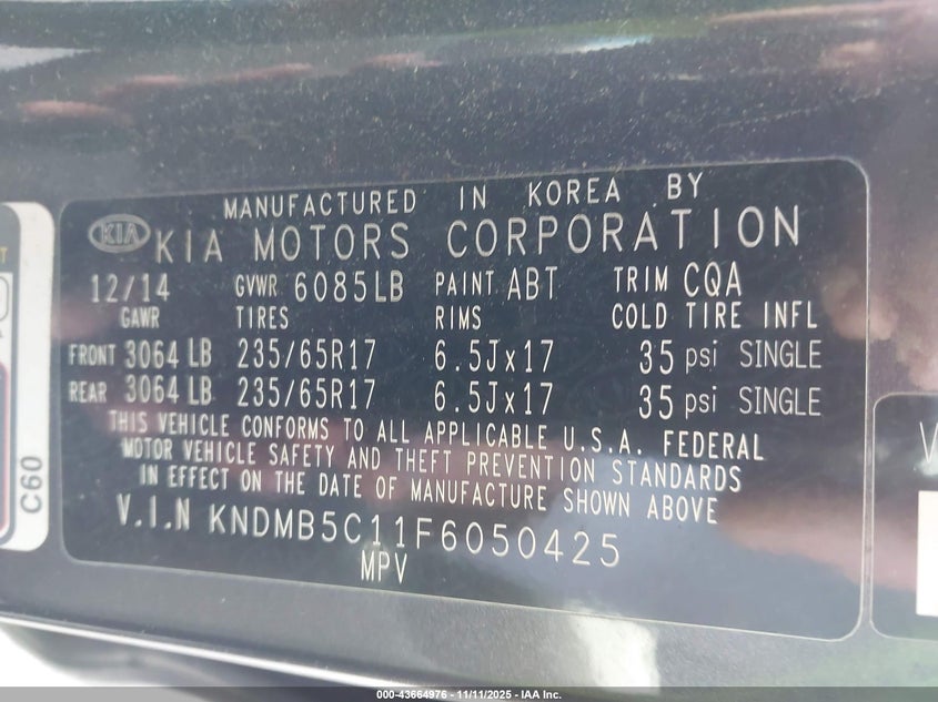 2015 Kia Sedona Lx VIN: KNDMB5C11F6050425 Lot: 43664976