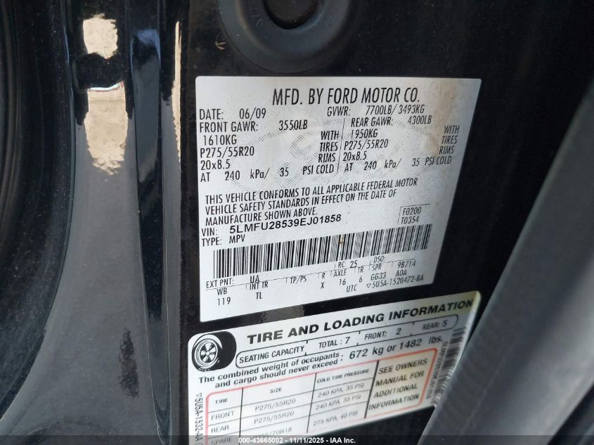 2009 Lincoln Navigator VIN: 5LMFU28539EJ01858 Lot: 43665002