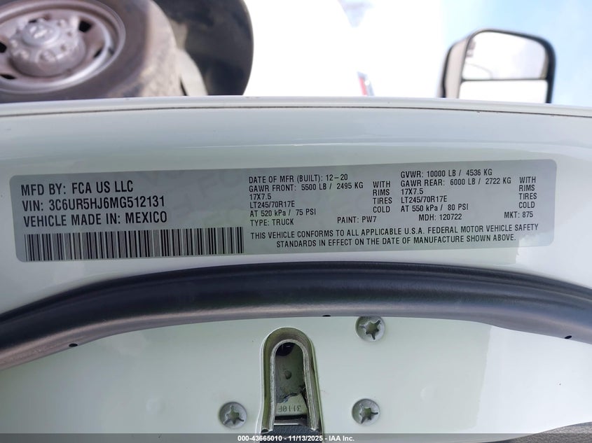 2021 Ram 2500 Tradesman 4X4 8' Box VIN: 3C6UR5HJ6MG512131 Lot: 43665010