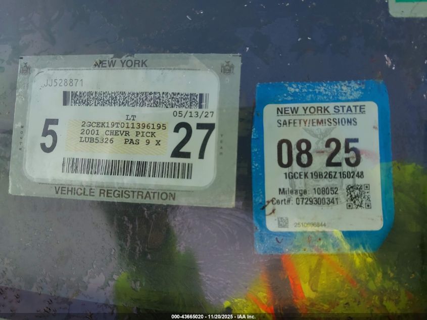 2001 Chevrolet Silverado 1500 Ls VIN: 2GCEK19T011396195 Lot: 43665020