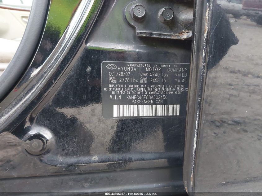 2008 Hyundai Azera Limited VIN: KMHFC46F88A302450 Lot: 43665027