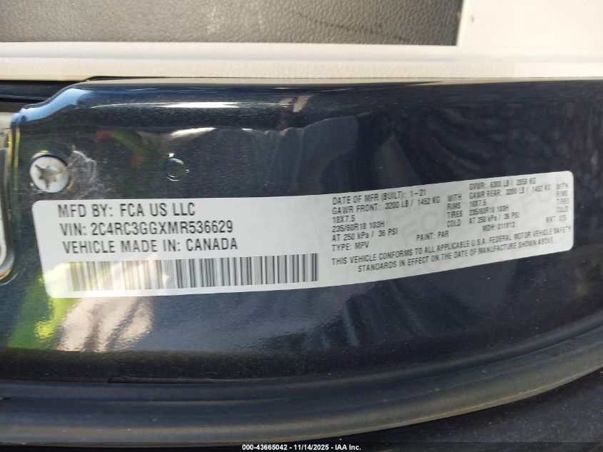 2021 Chrysler Pacifica Limited Awd VIN: 2C4RC3GGXMR536629 Lot: 43665042