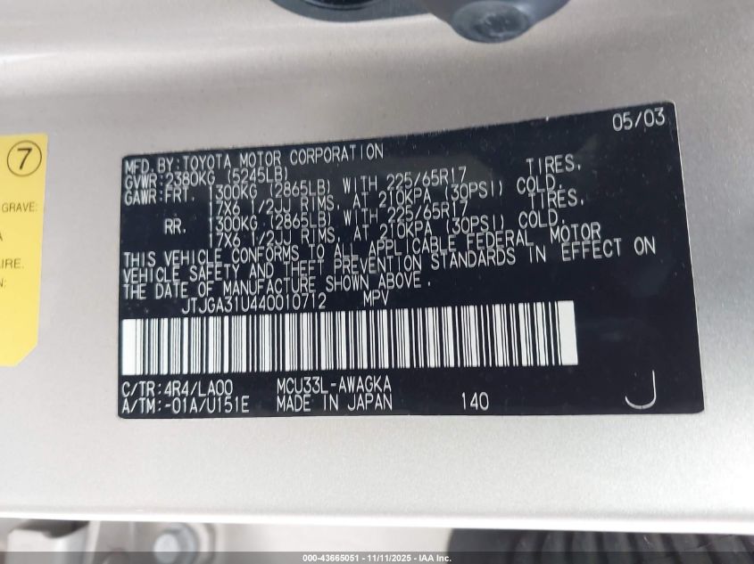 2004 Lexus Rx 330 VIN: JTJGA31U440010712 Lot: 43665051