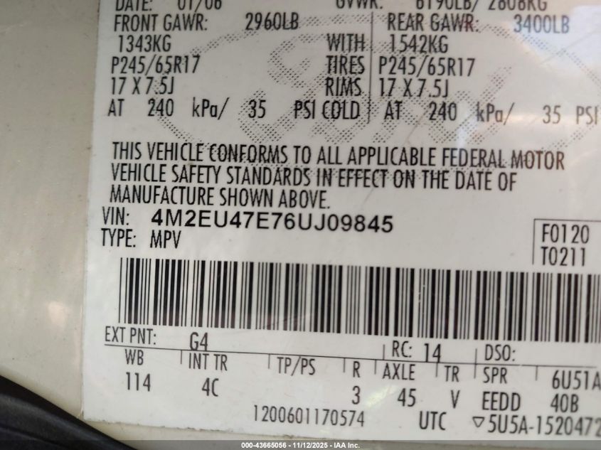 2006 Mercury Mountaineer Luxury VIN: 4M2EU47E76UJ09845 Lot: 43665056