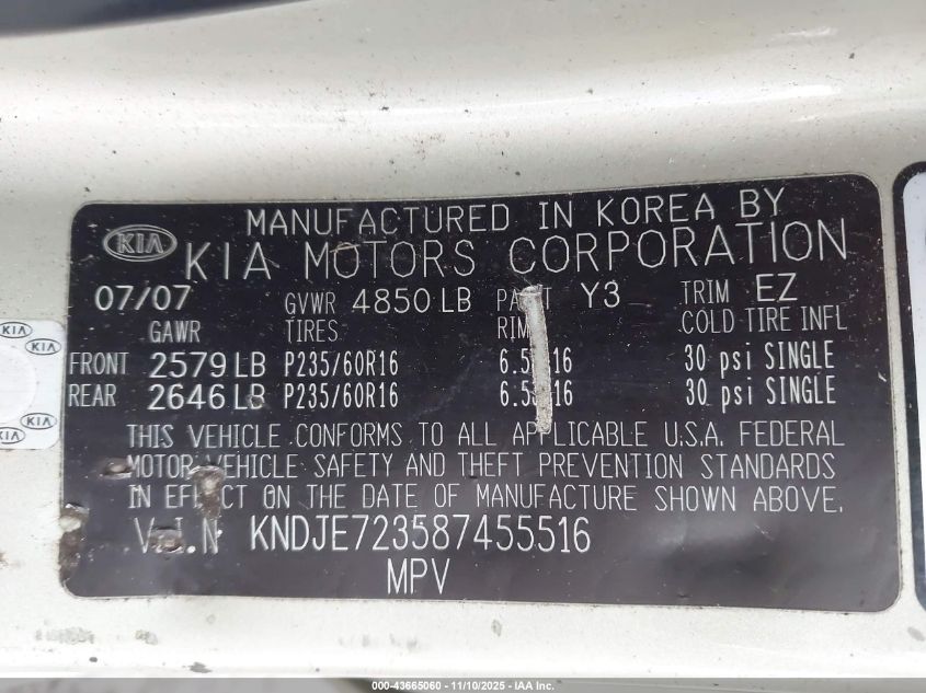 2008 Kia Sportage Lx V6 VIN: KNDJE723587455516 Lot: 43665060