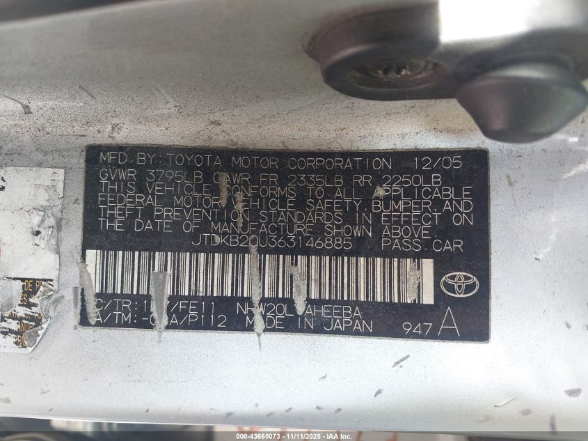 2006 Toyota Prius VIN: JTDKB20U363146885 Lot: 43665073