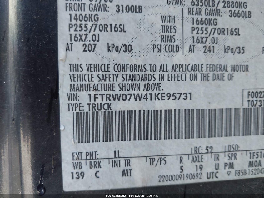 2001 Ford F-150 Harley-Davidson Edition/King Ranch Edition/Lariat/Xlt VIN: 1FTRW07W41KE95731 Lot: 43665092