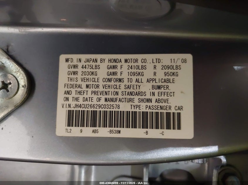 2009 Acura Tsx VIN: JH4CU26629C032578 Lot: 43665099