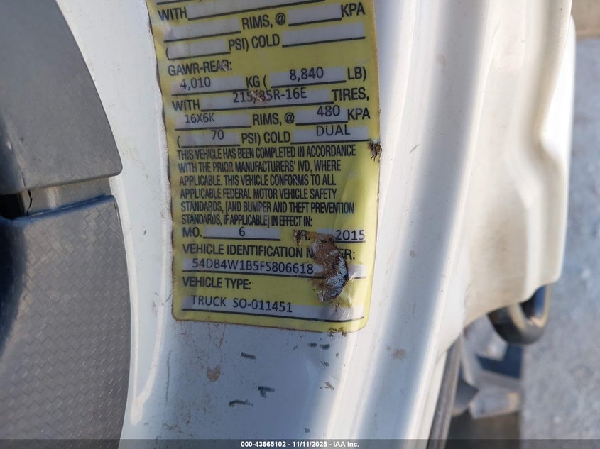 2015 Isuzu Npr Reg VIN: 54DB4W1B5FS806618 Lot: 43665102