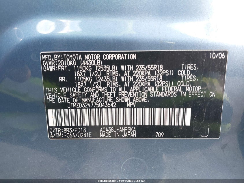 2007 Toyota Rav4 Sport VIN: JTMZD32V775043642 Lot: 43665105