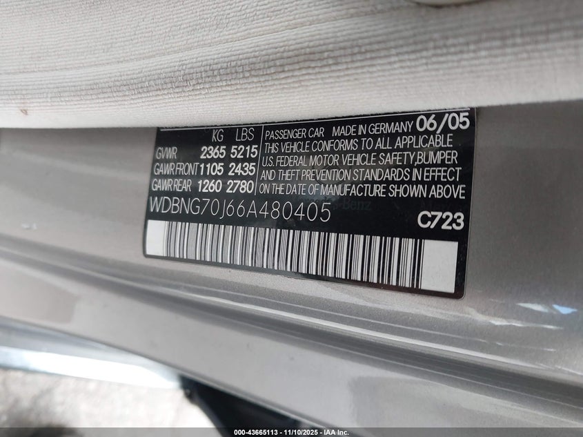 2006 Mercedes-Benz S 430 VIN: WDBNG70J66A480405 Lot: 43665113