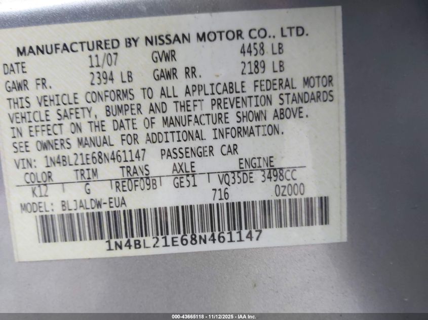 2008 Nissan Altima 3.5 Se VIN: 1N4BL21E68N461147 Lot: 43665118