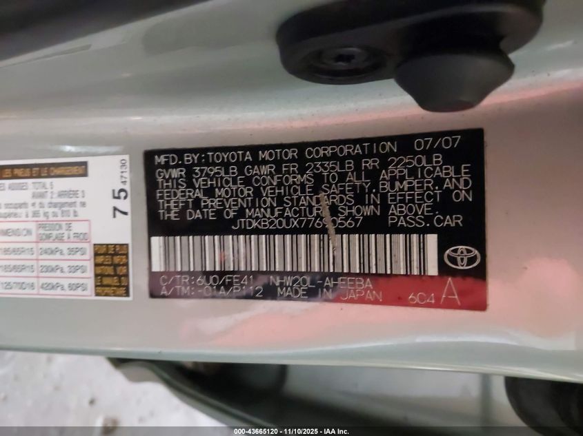 2007 Toyota Prius VIN: JTDKB20UX77690567 Lot: 43665120